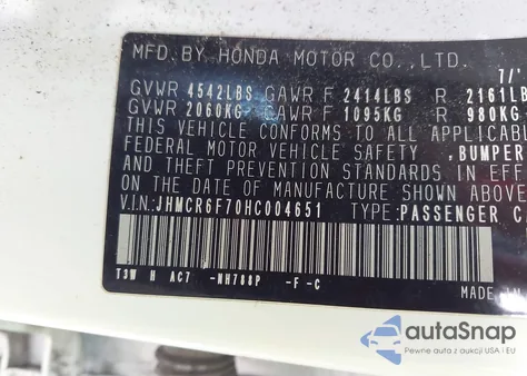 2017 Honda Accord Hybrid Touring из США, поврежденный, VIN JHMCR6F70HC004651